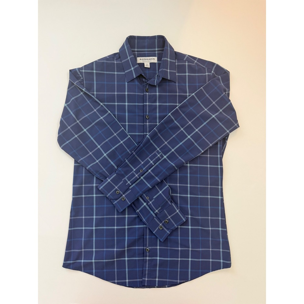 Mizzen+Main Performance Dress Shirt Mens Small Trim Fit Navy Blue Plaid Check